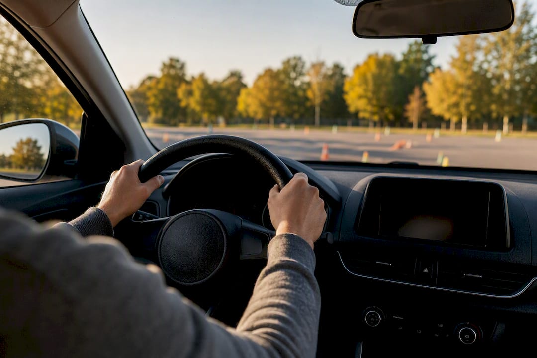 Mains du conducteur posées calmement sur le volant
