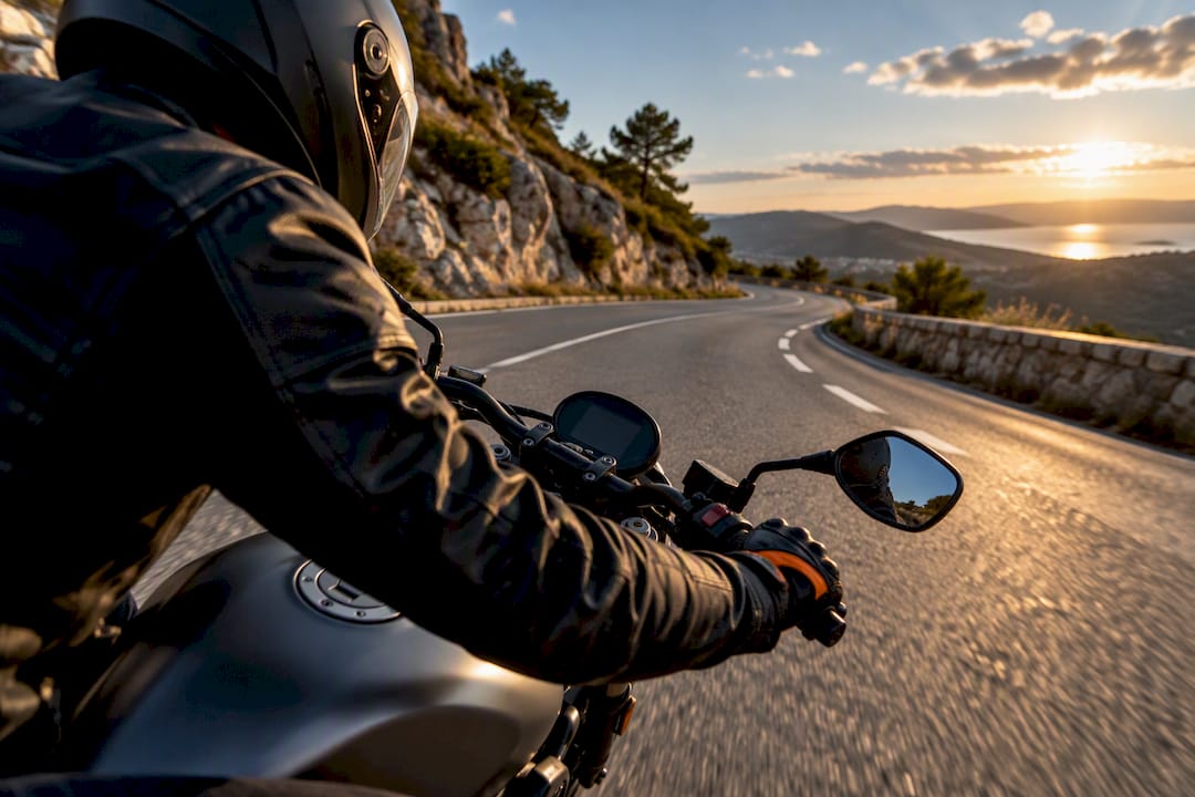 Un motard circule sur une route départementale