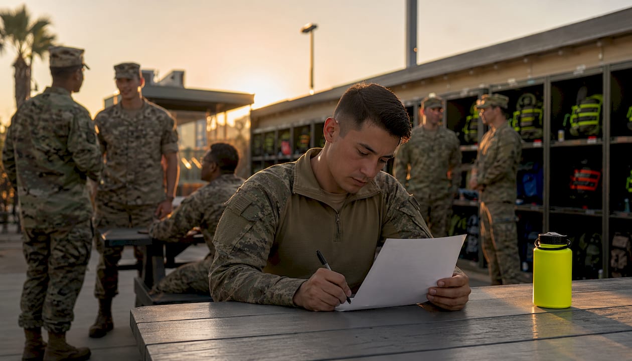 Active-duty soldier completing insurance form