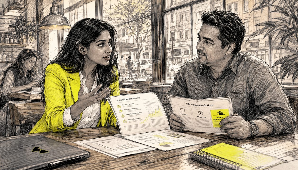 Advisor explaining IUL policy details to client