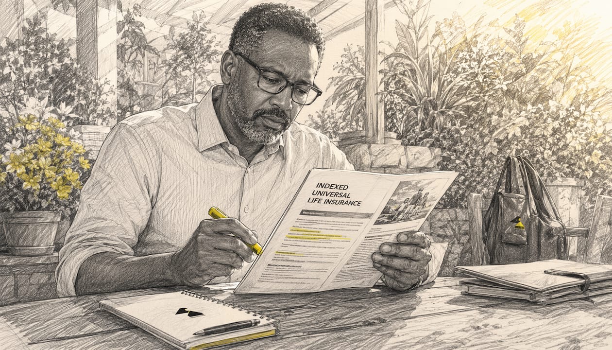 Man reviewing indexed universal life insurance documents