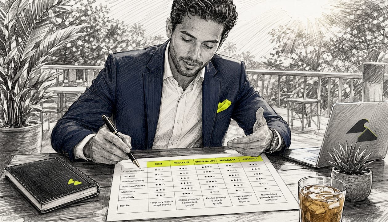 Hands pointing at life insurance comparison chart