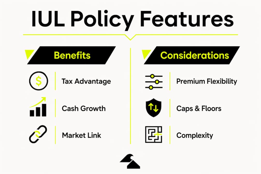 Infographic showing IUL policy benefits and considerations
