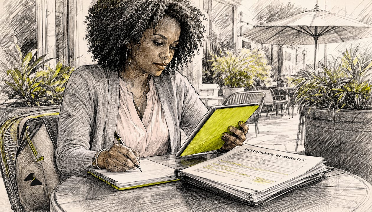 Woman scrolling tablet and taking notes in home office