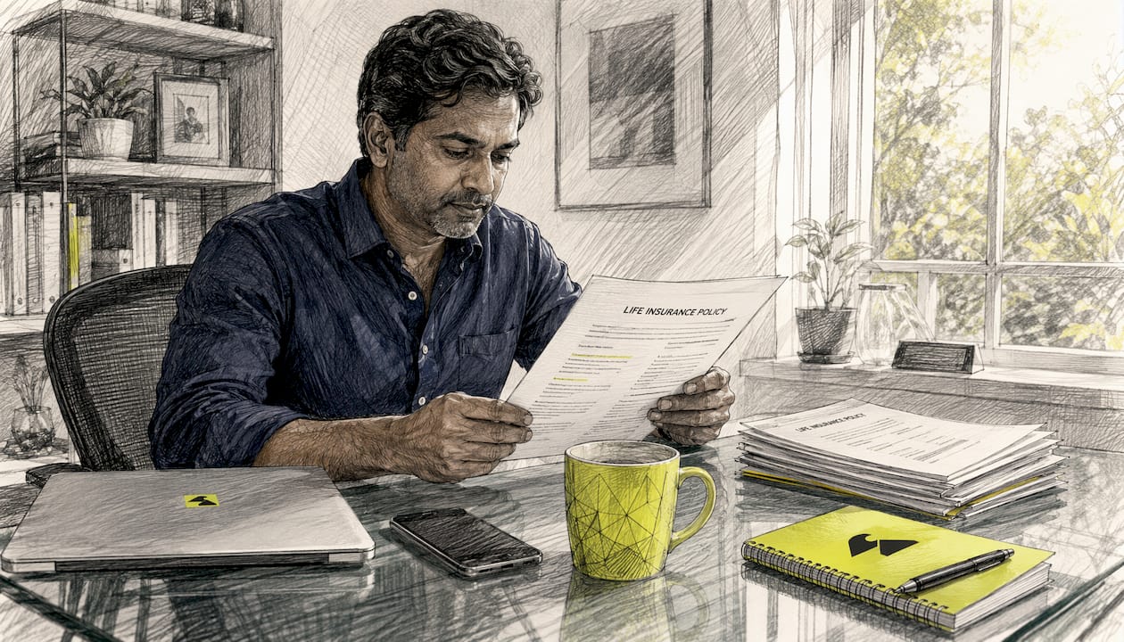 South Asian man reviewing life insurance documents at kitchen table