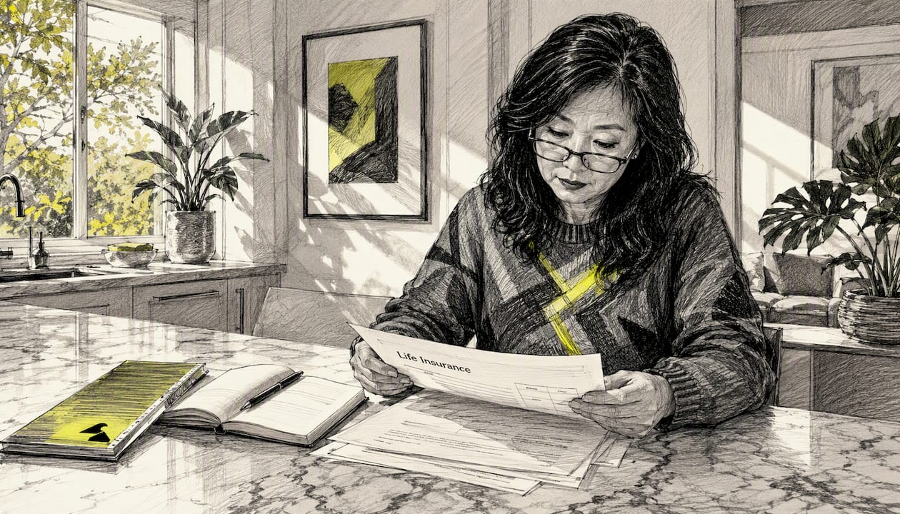 Woman reviewing life insurance documents at desk