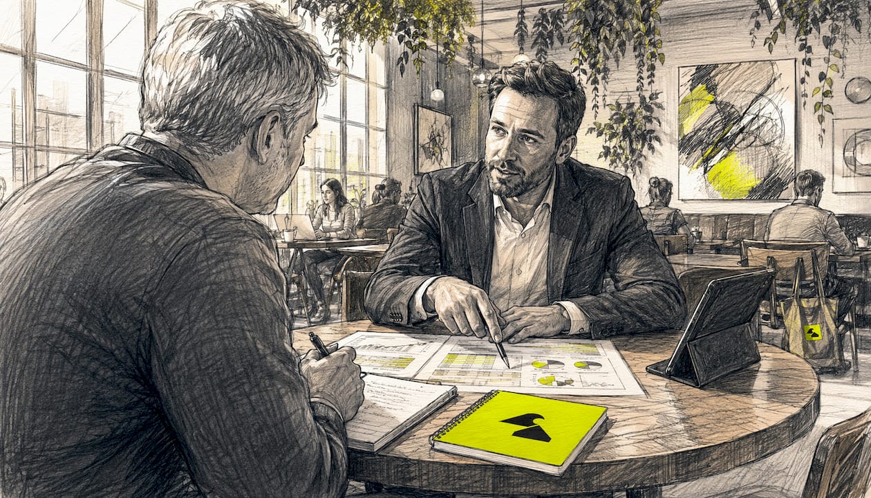 Advisor discussing annuity fees with client in office