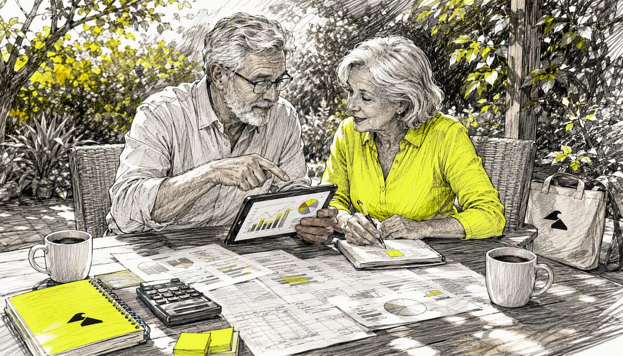 Retired couple reviewing retirement plans at kitchen table