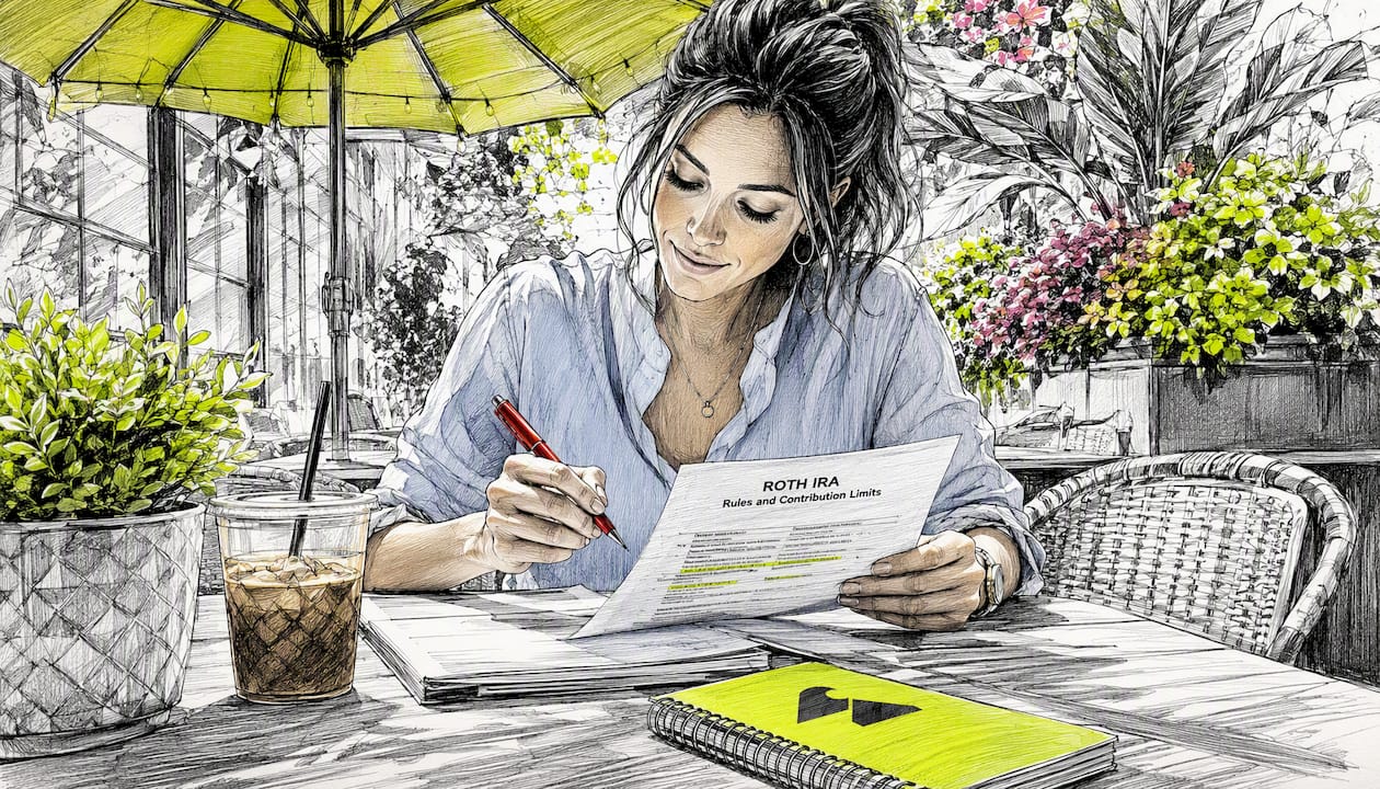 Woman reviewing Roth IRA printed documents at desk