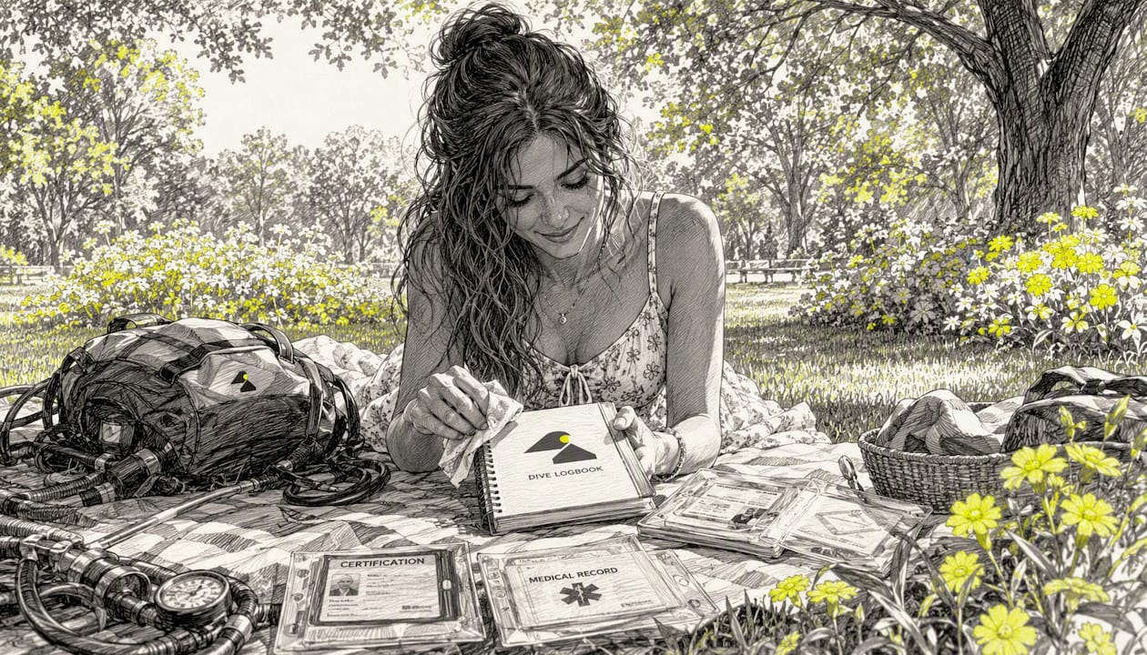 Woman organizing scuba diving documents outdoors