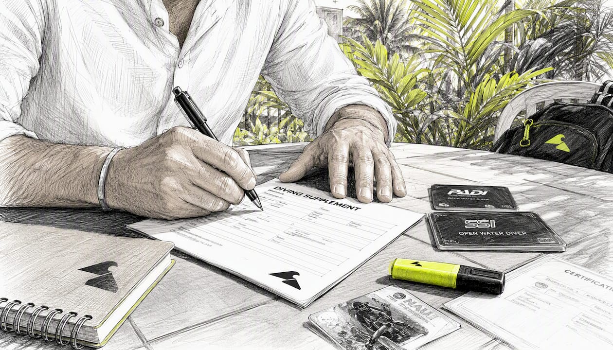 Hands completing diving insurance application