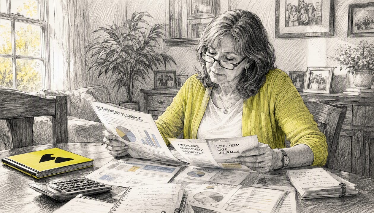 Woman reviewing retirement documents at table