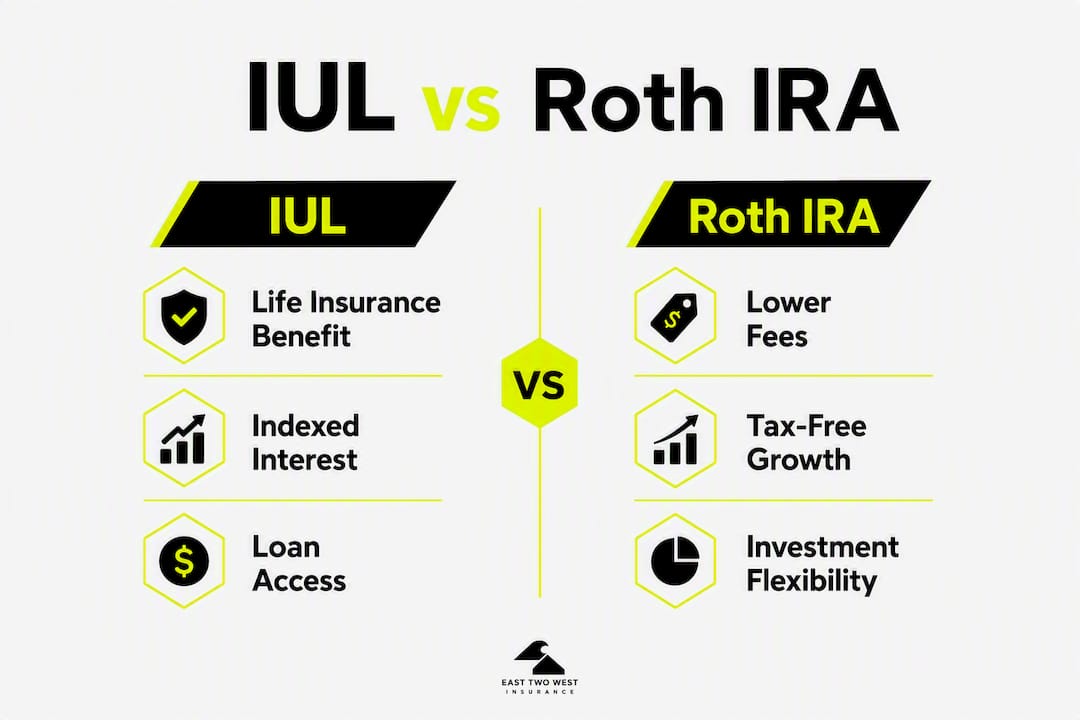 Infographic comparing IUL and Roth IRA key features