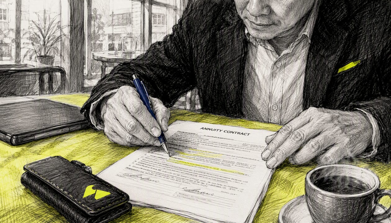 Hands reviewing annuity contract closely