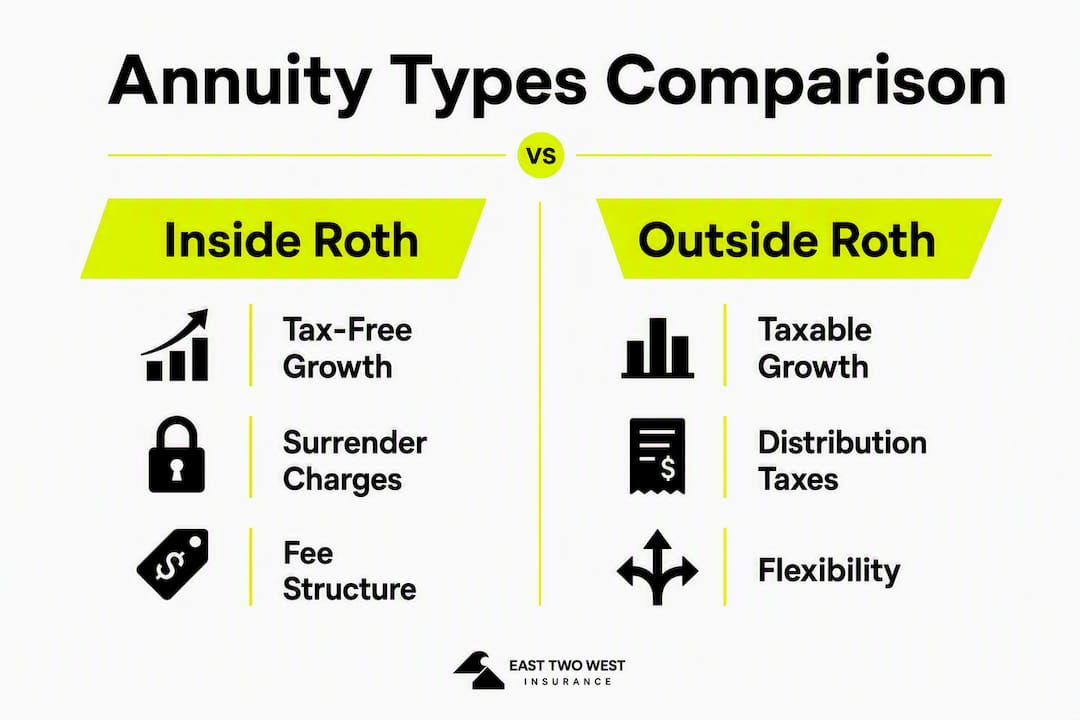 Infographic comparing annuity types inside and outside Roth IRAs