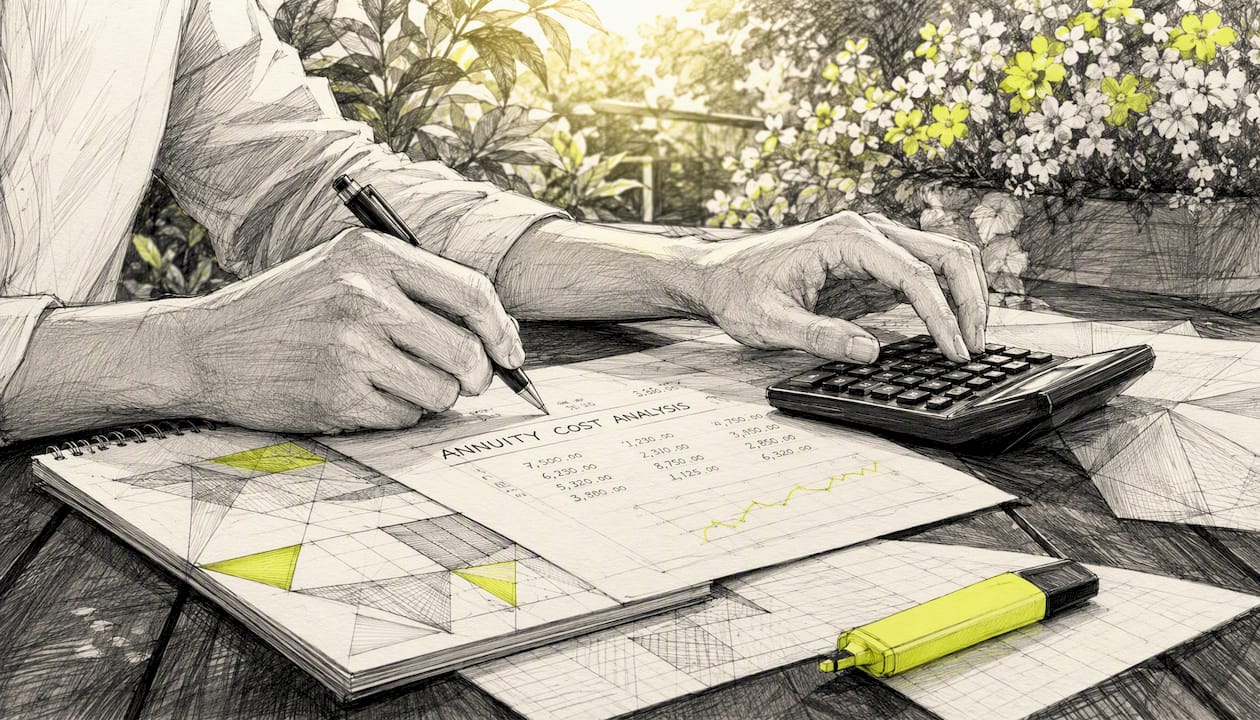 Hands calculating annuity figures on a desk