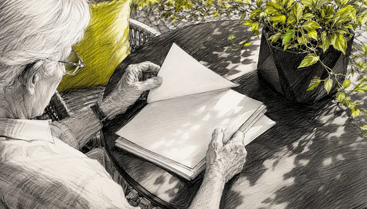 Senior reviewing annuity documents at table