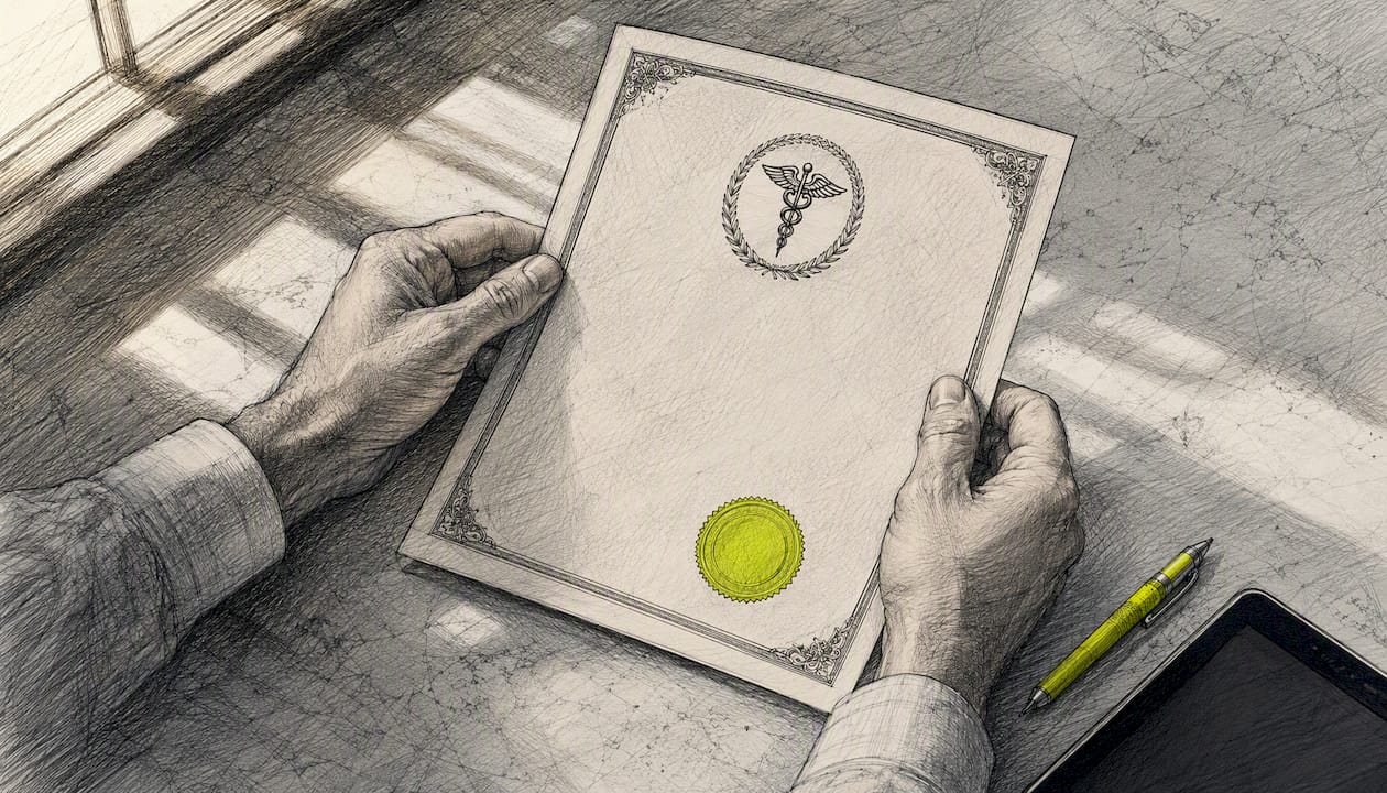 Hands holding medical certification document