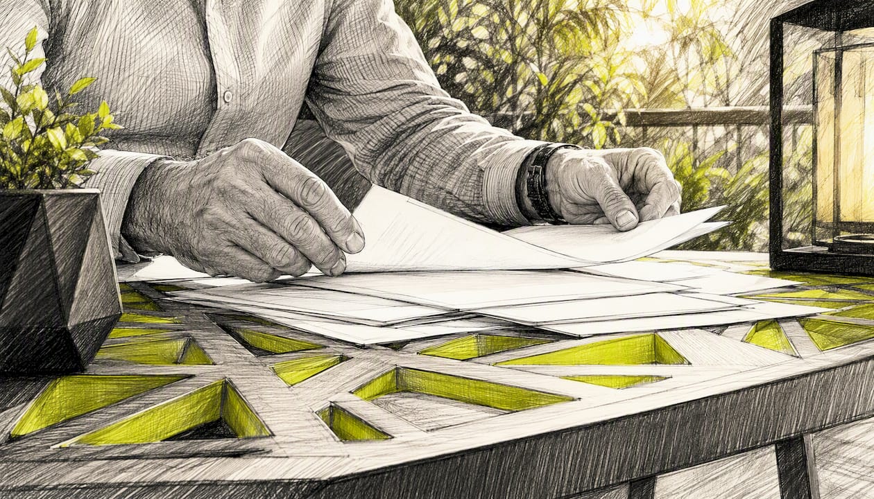 Hands organizing IRA annuity documents on desk