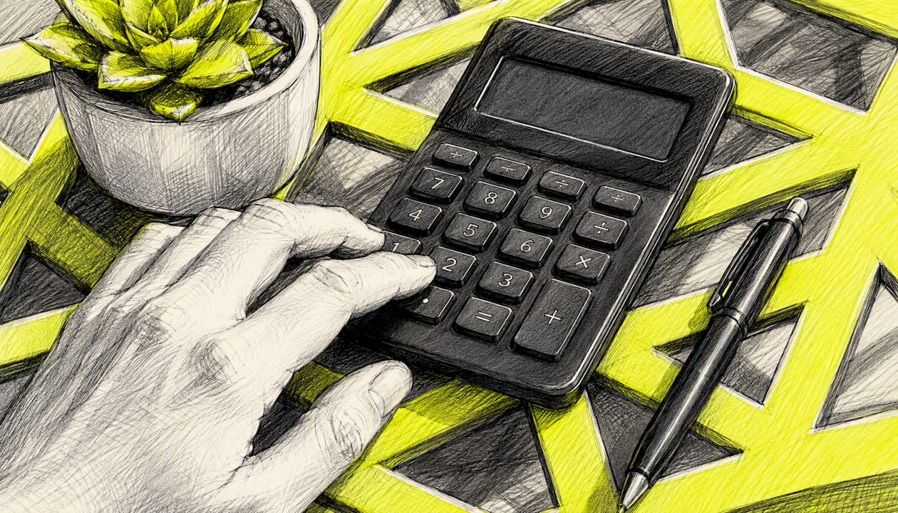 Hand using calculator on black table with pen and water