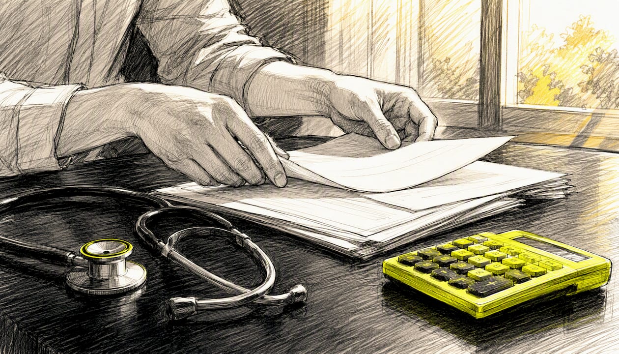 Hands organizing medical papers on desk