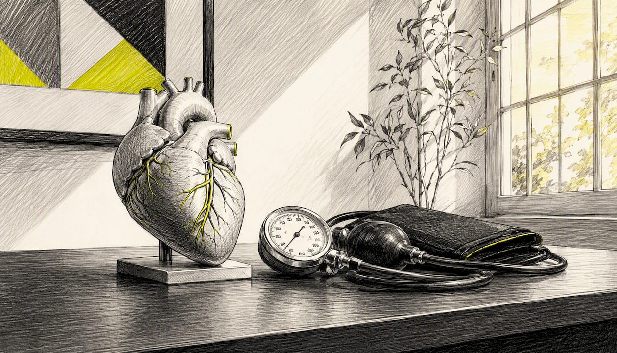 Heart stress ball and blood pressure cuff on desk