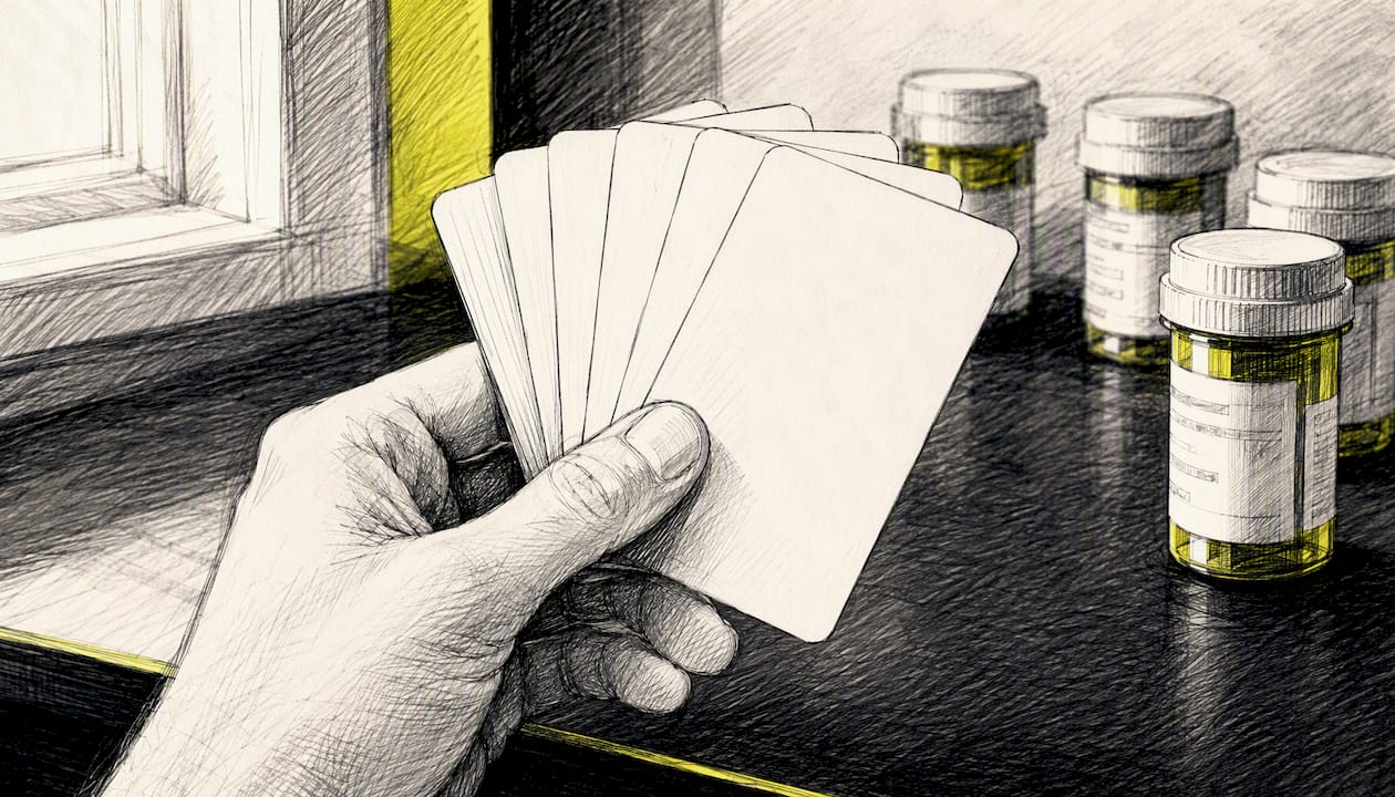 Hand holding blank insurance cards over prescription bottles