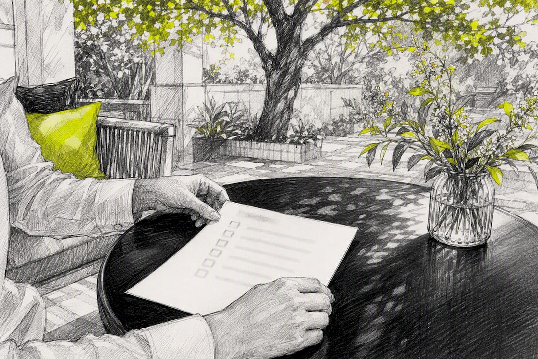 Hands adjusting paperwork on black desk