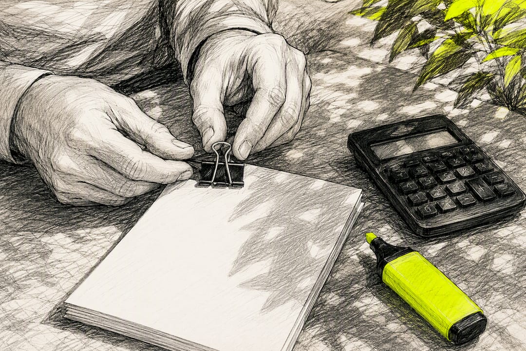 Hands adjusting binder clip on insurance documents