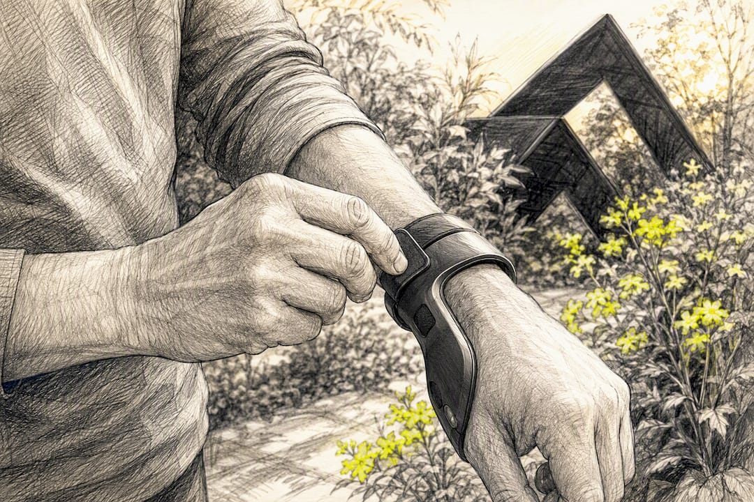 Person adjusting wearable disability device strap