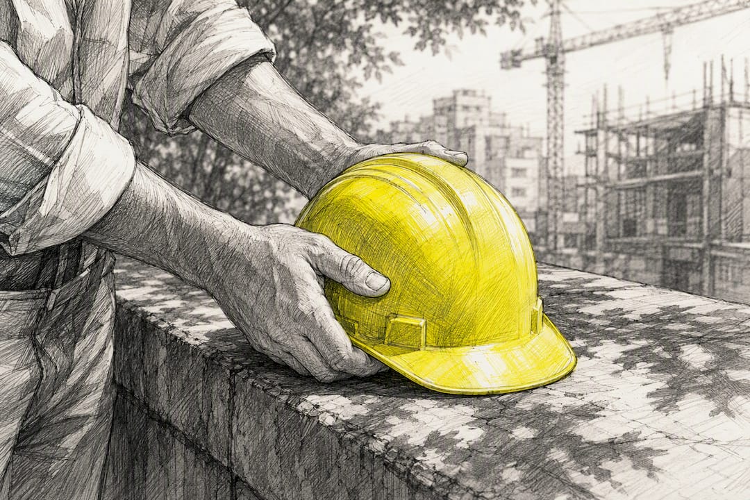 Hands holding yellow safety helmet outdoors