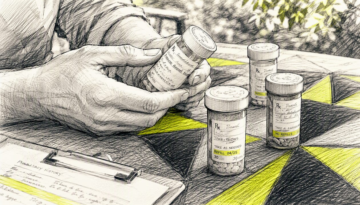 Hands checking prescription medication bottles