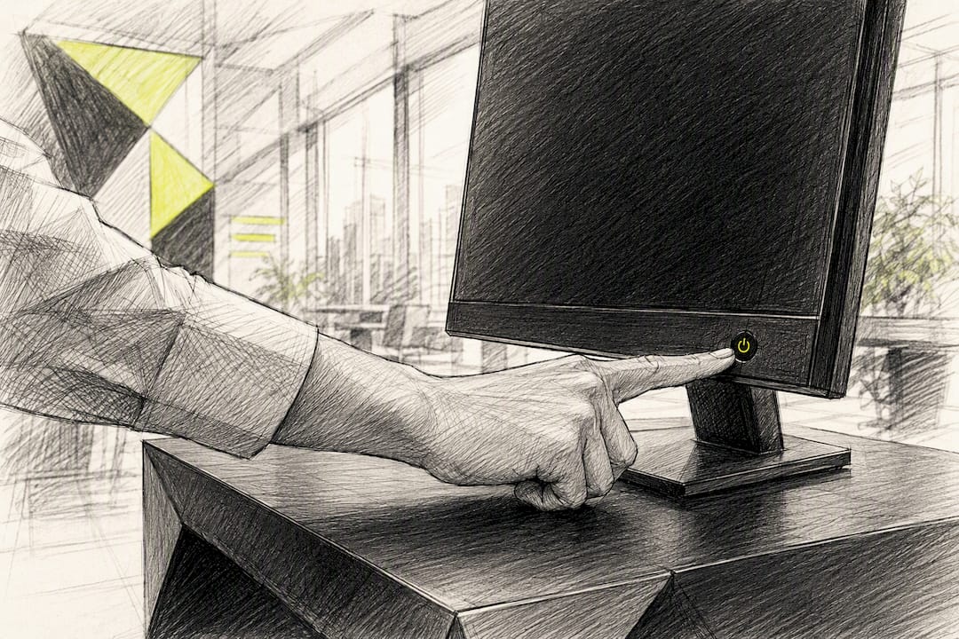 Hand turning off a dark computer screen