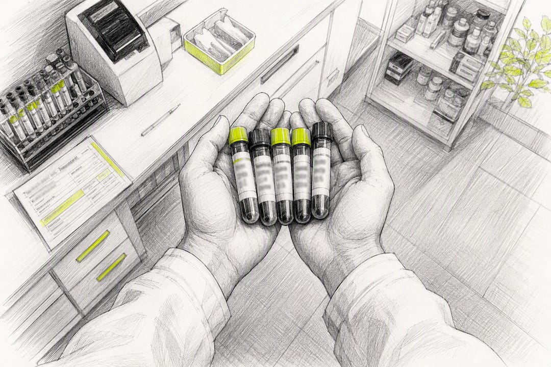Hands holding blood test vials
