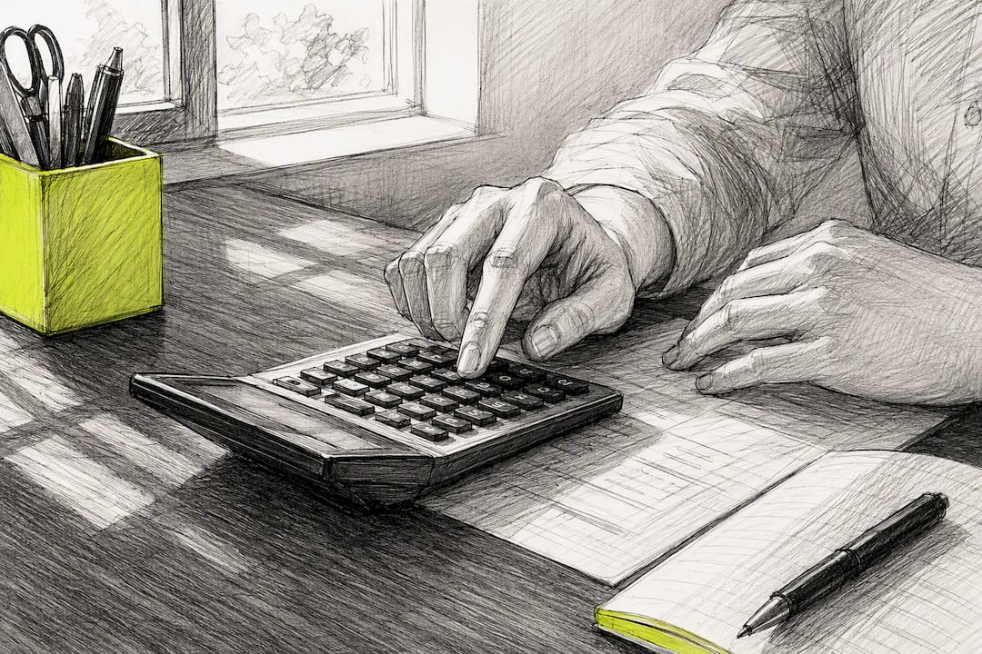 Hands using calculator on black desk