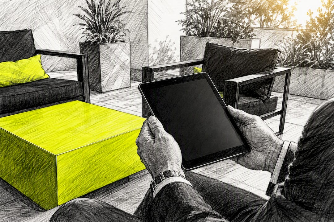 Business owner holding tablet at modern desk