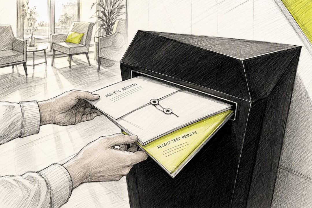Hands submitting medical records envelope