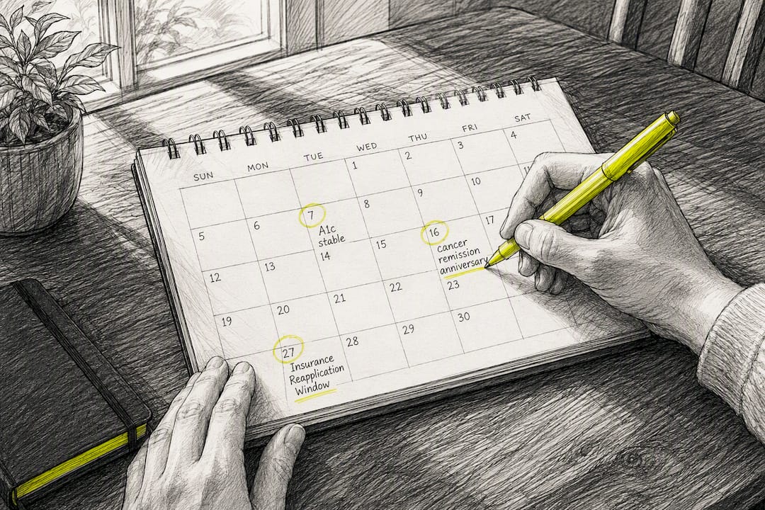 Hand marking calendar with medical milestones