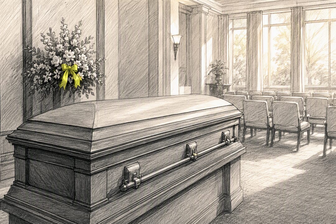 Closed casket in a funeral chapel