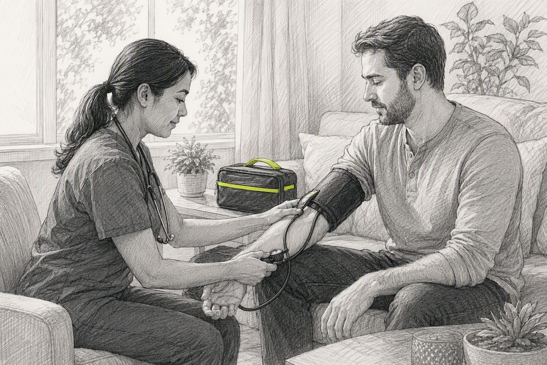Technician measuring blood pressure during exam
