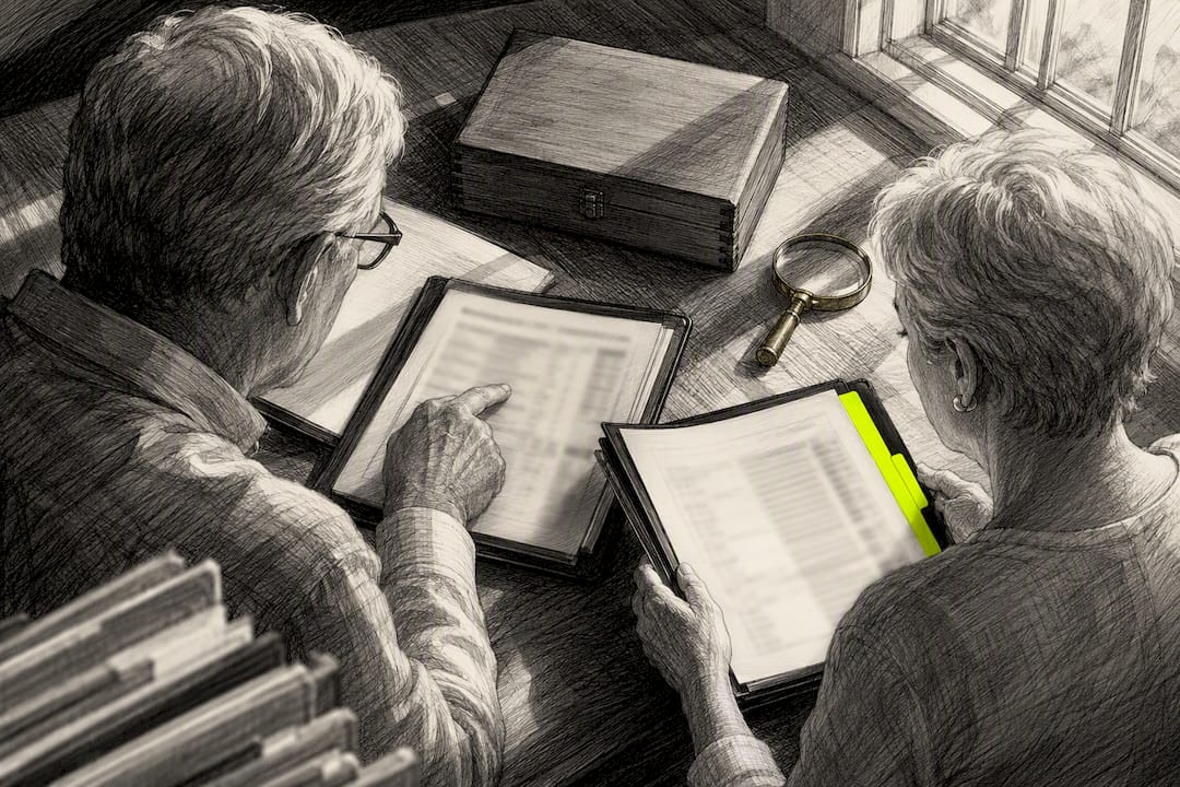 Retirees reviewing annuity distribution records