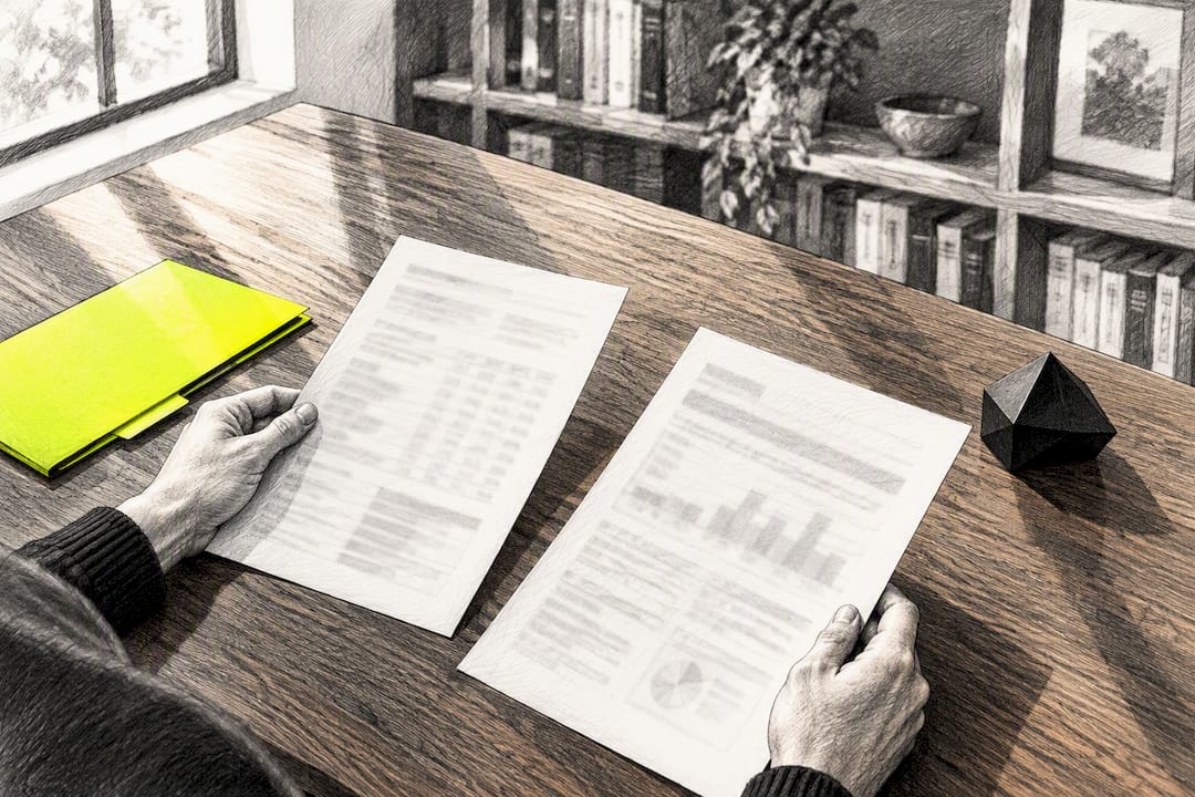 Hands comparing life insurance policy documents