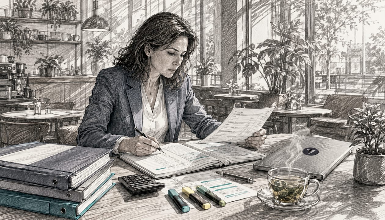 Controller reviewing bank reconciliation documents