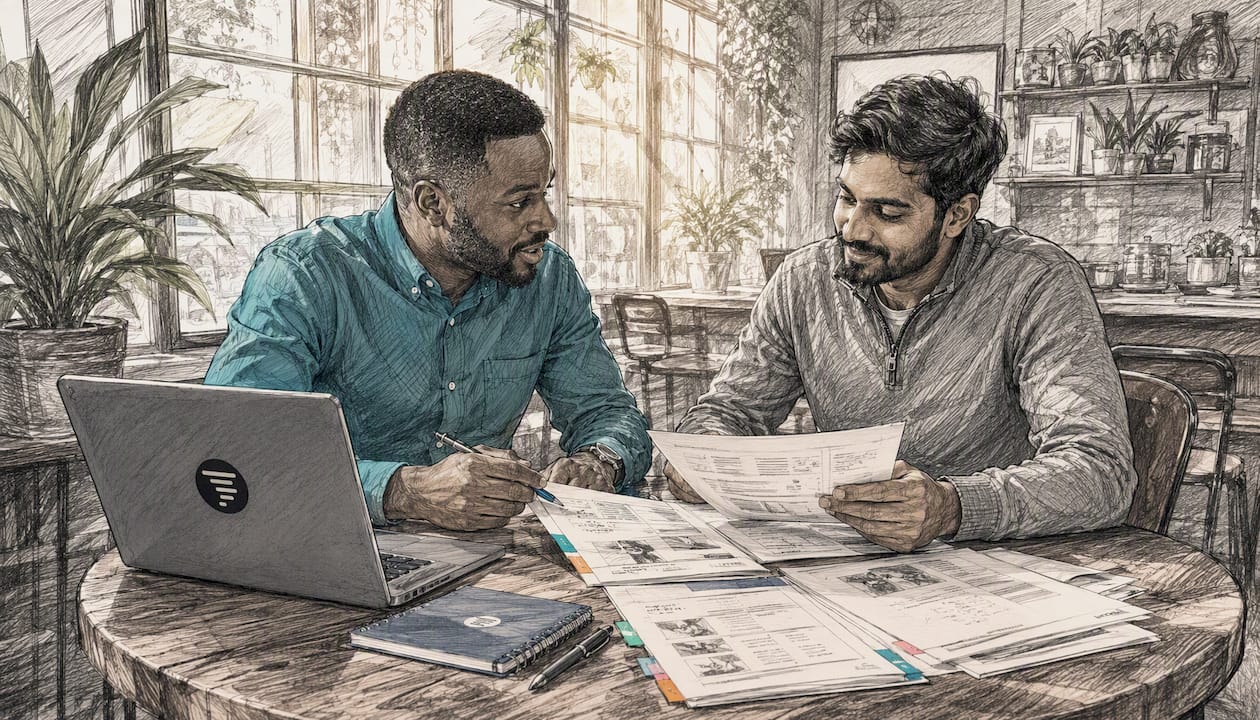 Colleagues discussing accounting software features