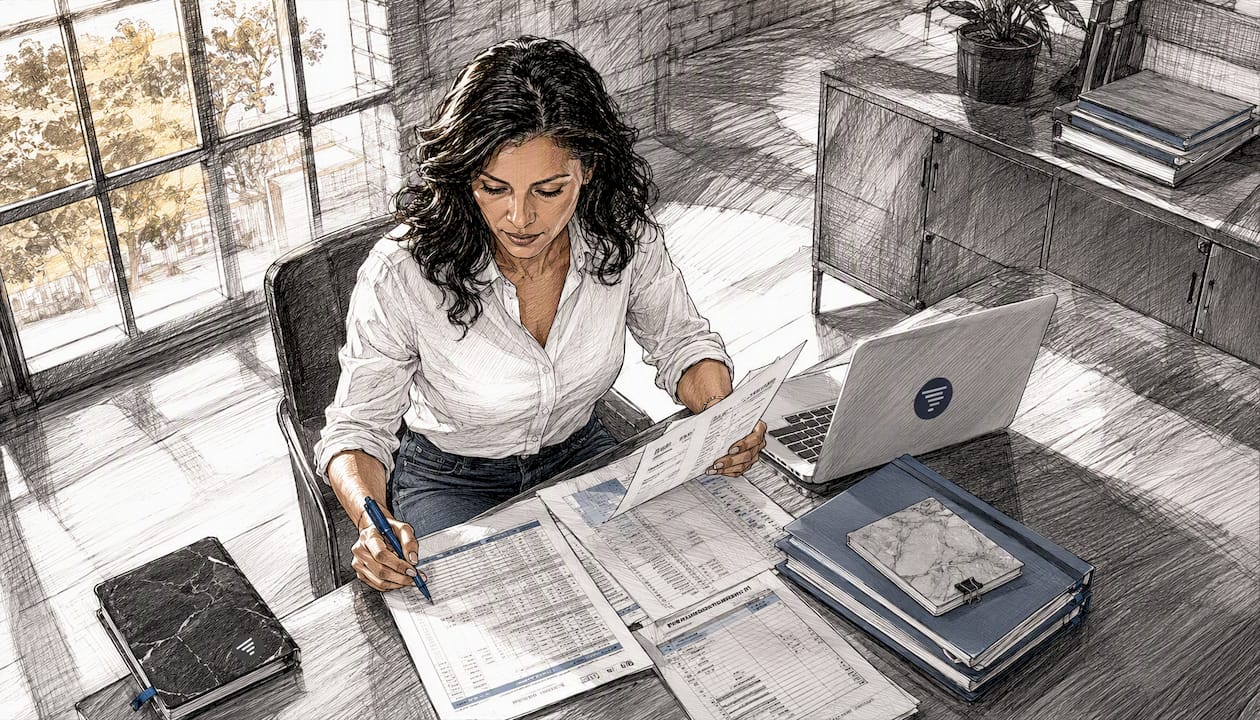 Woman reviewing small business invoices at desk