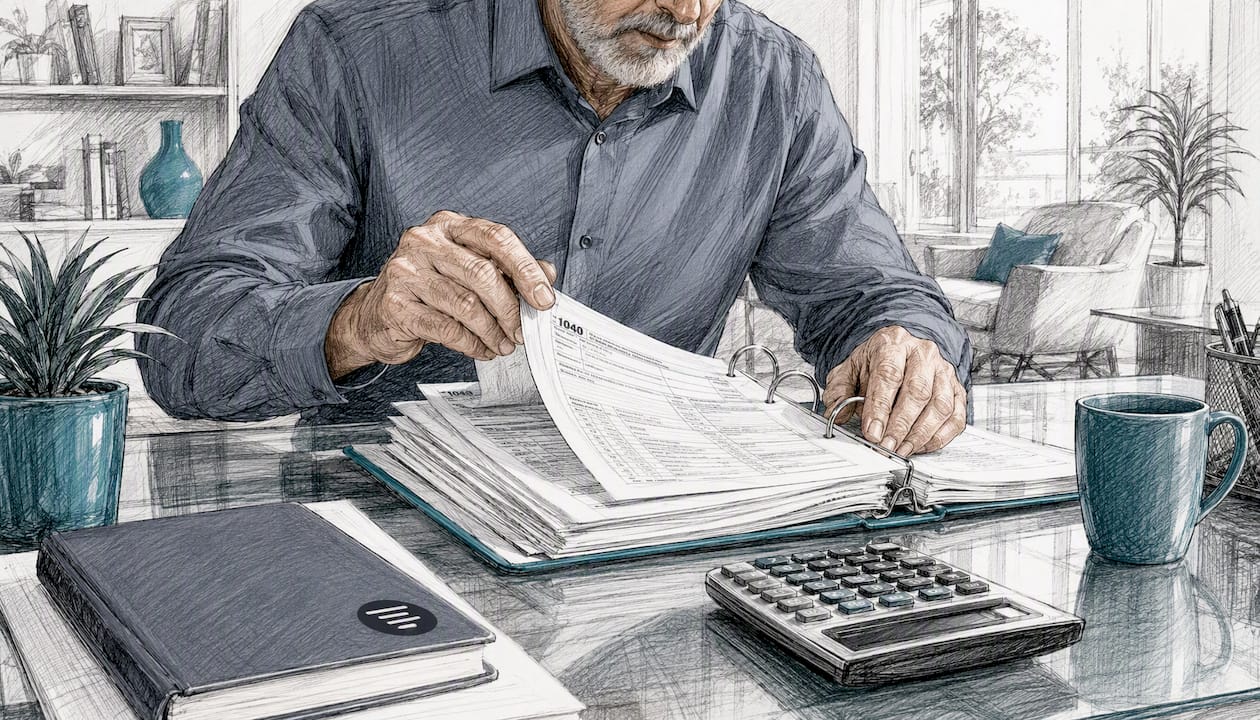Accountant hands reviewing tax documents closely