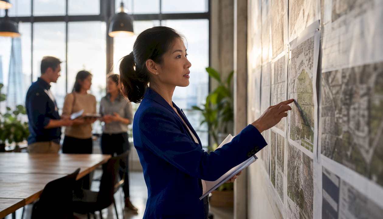 Agent comparing land sale comparables in office