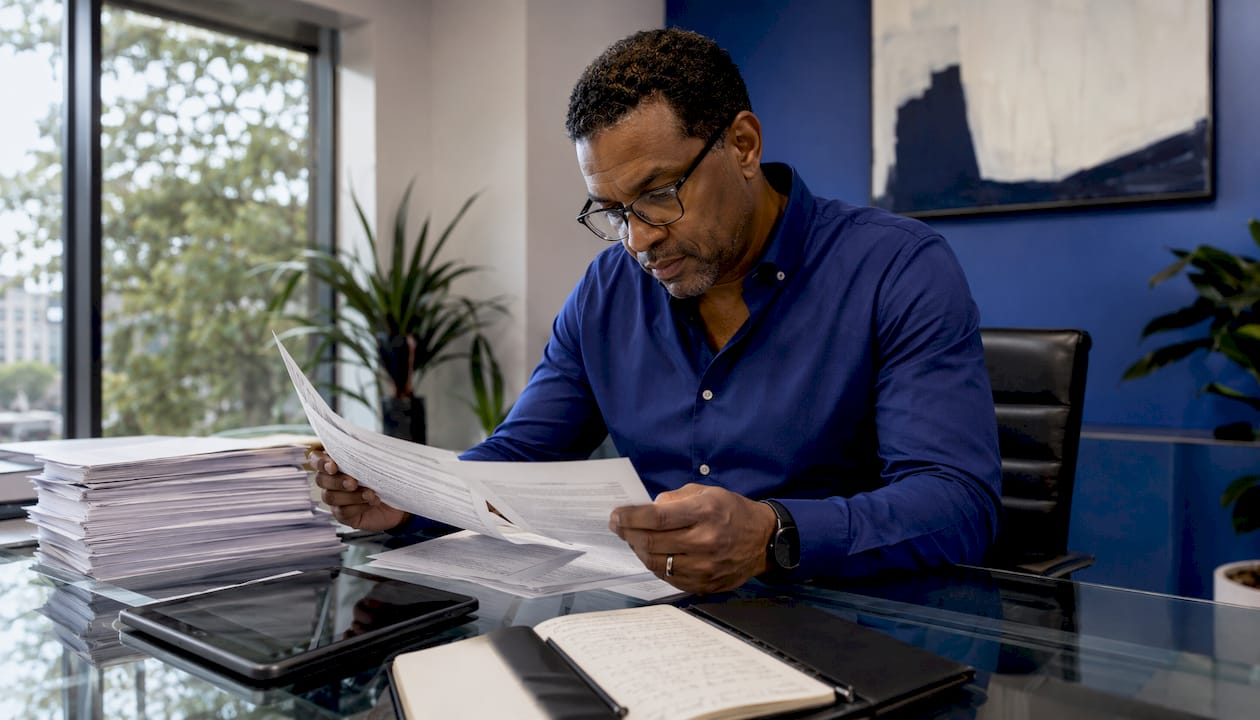 Person reviewing land title documents at desk