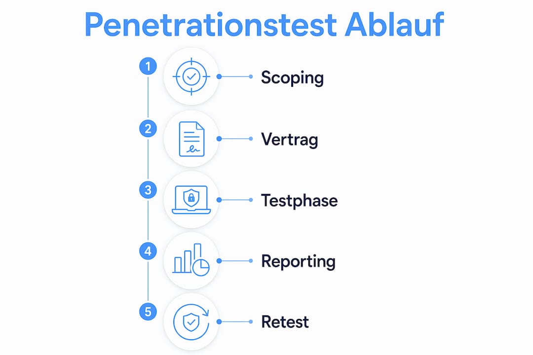 Die Infografik veranschaulicht Schritt für Schritt, wie ein Penetrationstest abläuft.