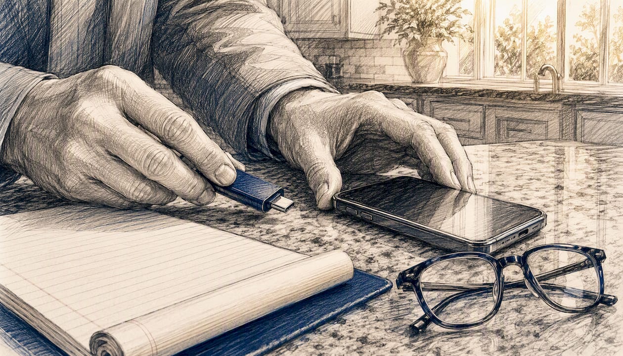 Hands transferring digital evidence from phone to hard drive